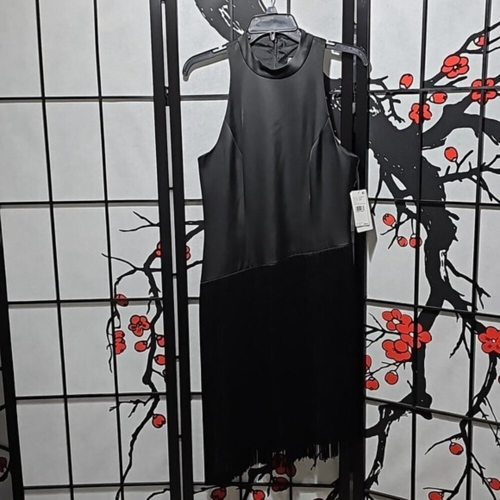 Liv Foster Mock Neck Sleeveless Midi Asymmetrical Fringe Crepe Dress Size 8 New - Picture 2 of 16